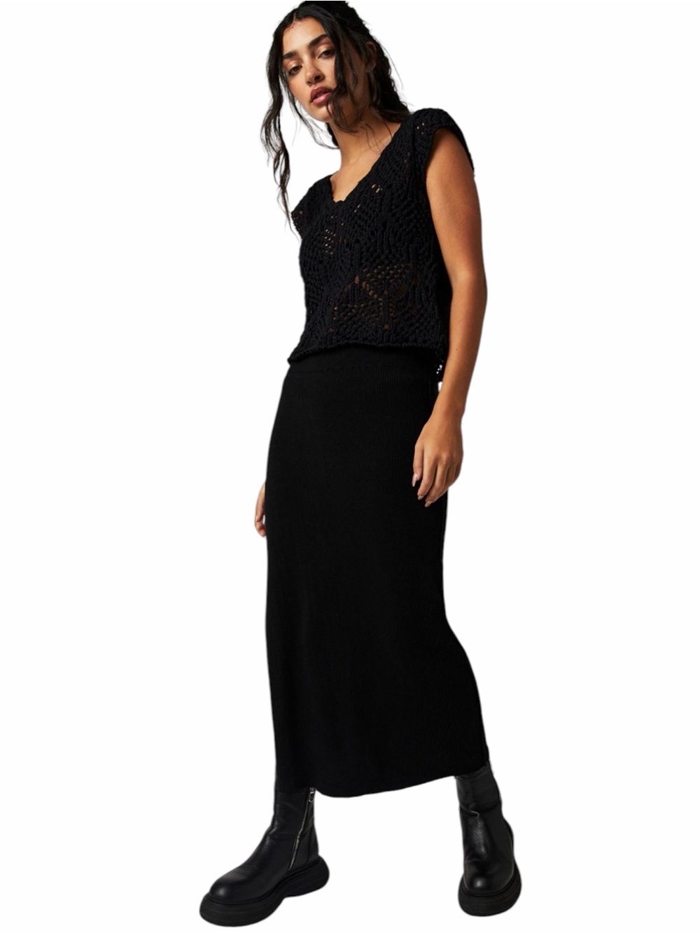 Free People Golden Hour Midi Skirt Size Large In Black NWT